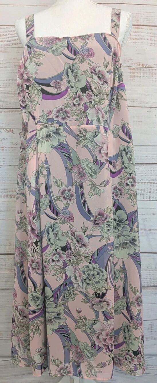 Vintage KSL Maxi Dress 16W Pink Lavender Floral Swirl 90s Whimsigoth Sundress